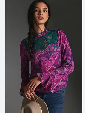 Paisley Lace Yoke Long-Sleeve Blouse in Fuchsia and Teal